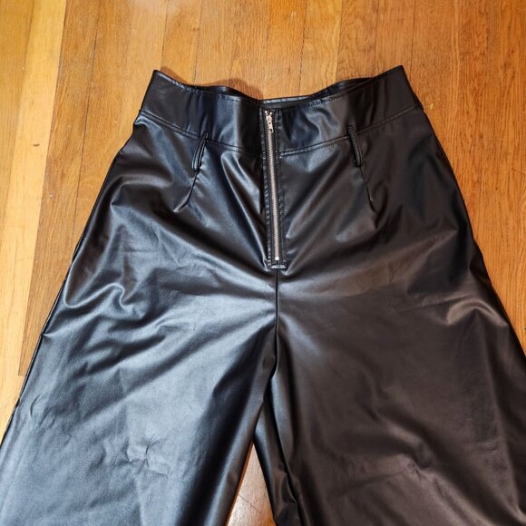 Womans faux leather minimalist officecore casual wide leg palazzo black pant S-M - Picture 2 of 9